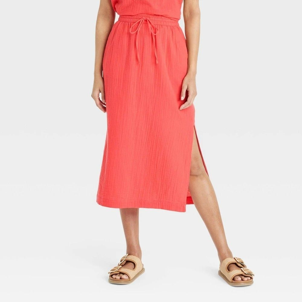 Women's Gauze MIDI Pencil Skirt - Universal Thread Coral Red S